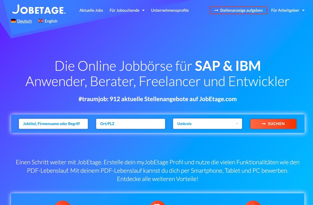 Screenshot von der Jobbörse Software im Einsatz auf www.jobetage.com.