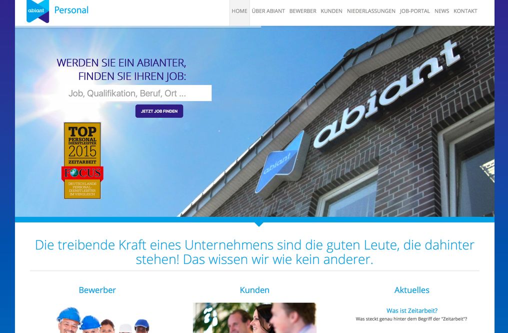 Screenshot von der Jobbörse Software im Einsatz auf www.abiant.de.